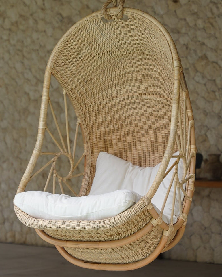Rattan Hanging Chair with white cushion