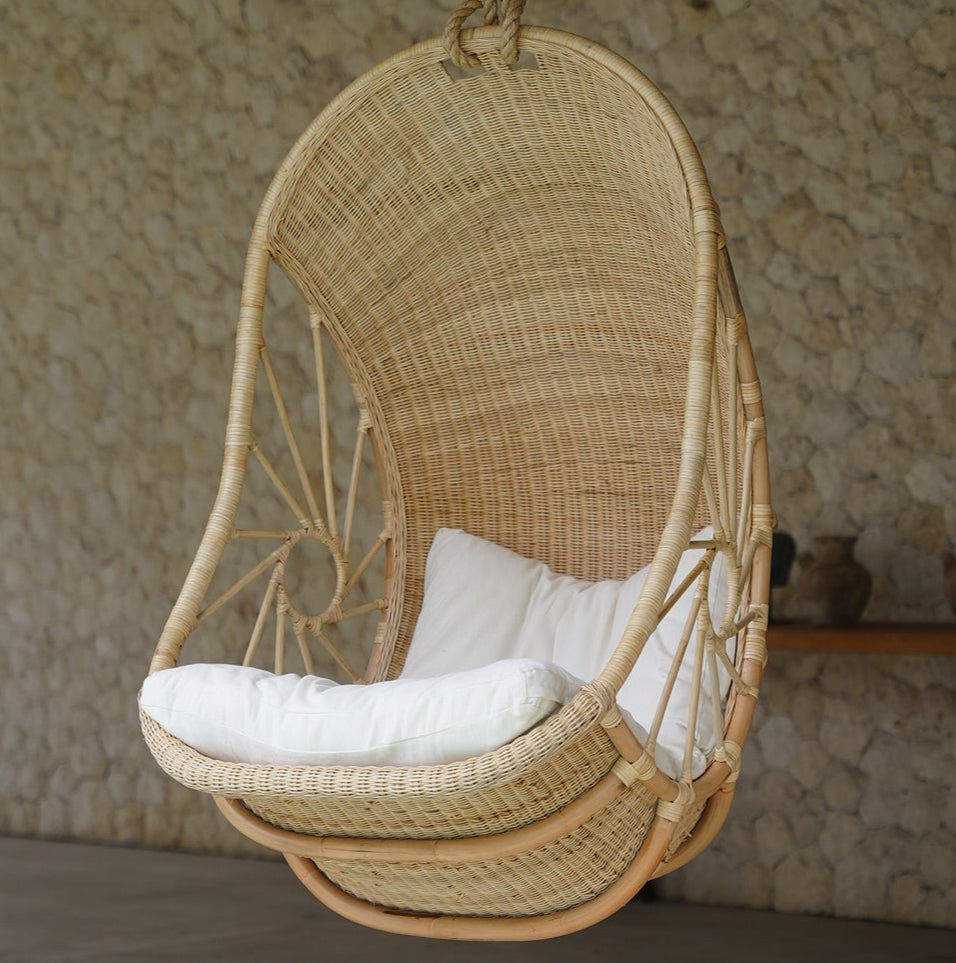 Rattan Hanging Chair with white cushion