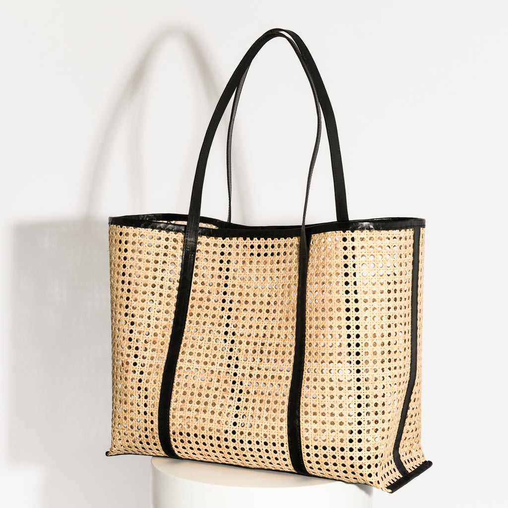 LARGE WOVEN RATTAN + LEATHER TOTE | BLACK