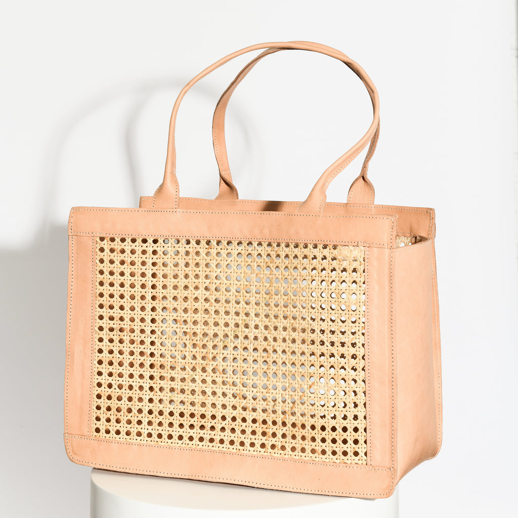 WOVEN RATTAN + LEATHER SHOULDER BAG | NATURAL