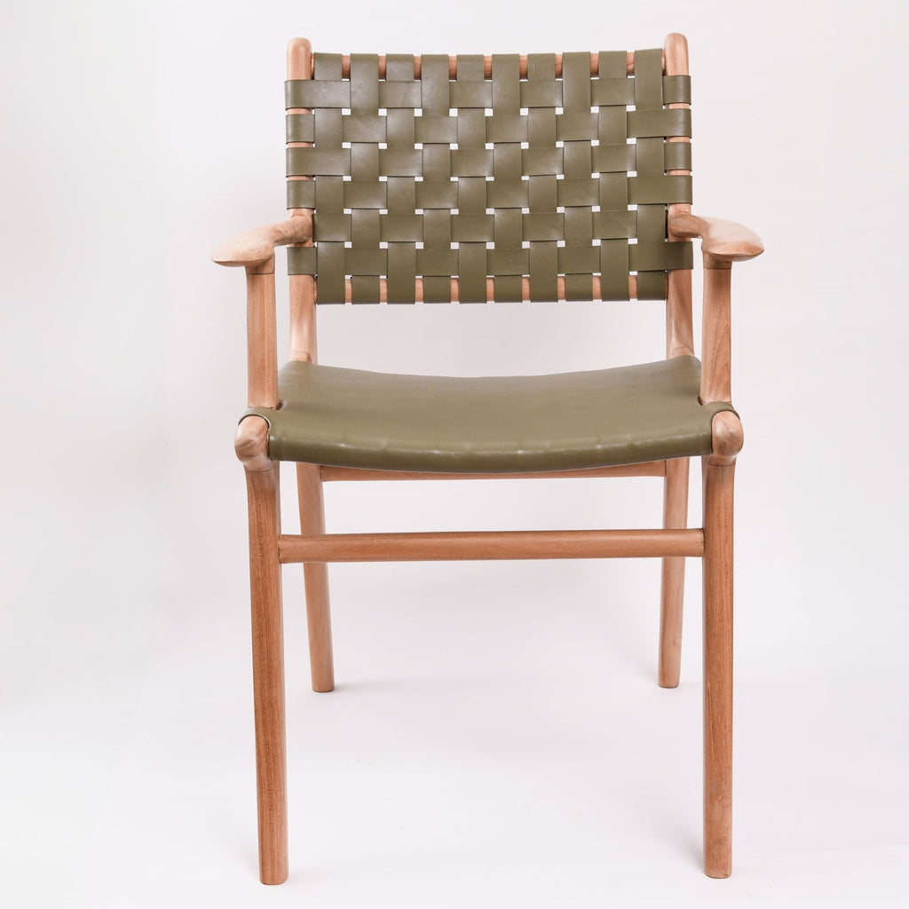 ZIGI FLAT LEATHER SEAT CARVER DINING CHAIR | OLIVE