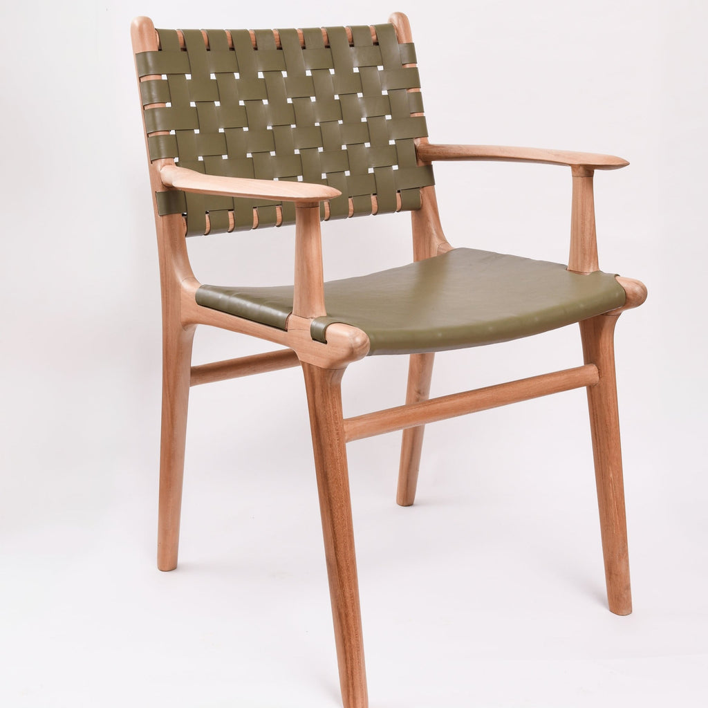 ZIGI FLAT LEATHER SEAT CARVER DINING CHAIR | OLIVE