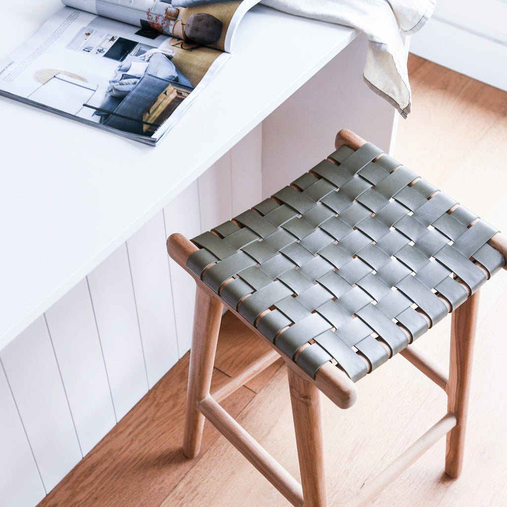 ZIGI TEAK + WOVEN LEATHER STOOL | OLIVE