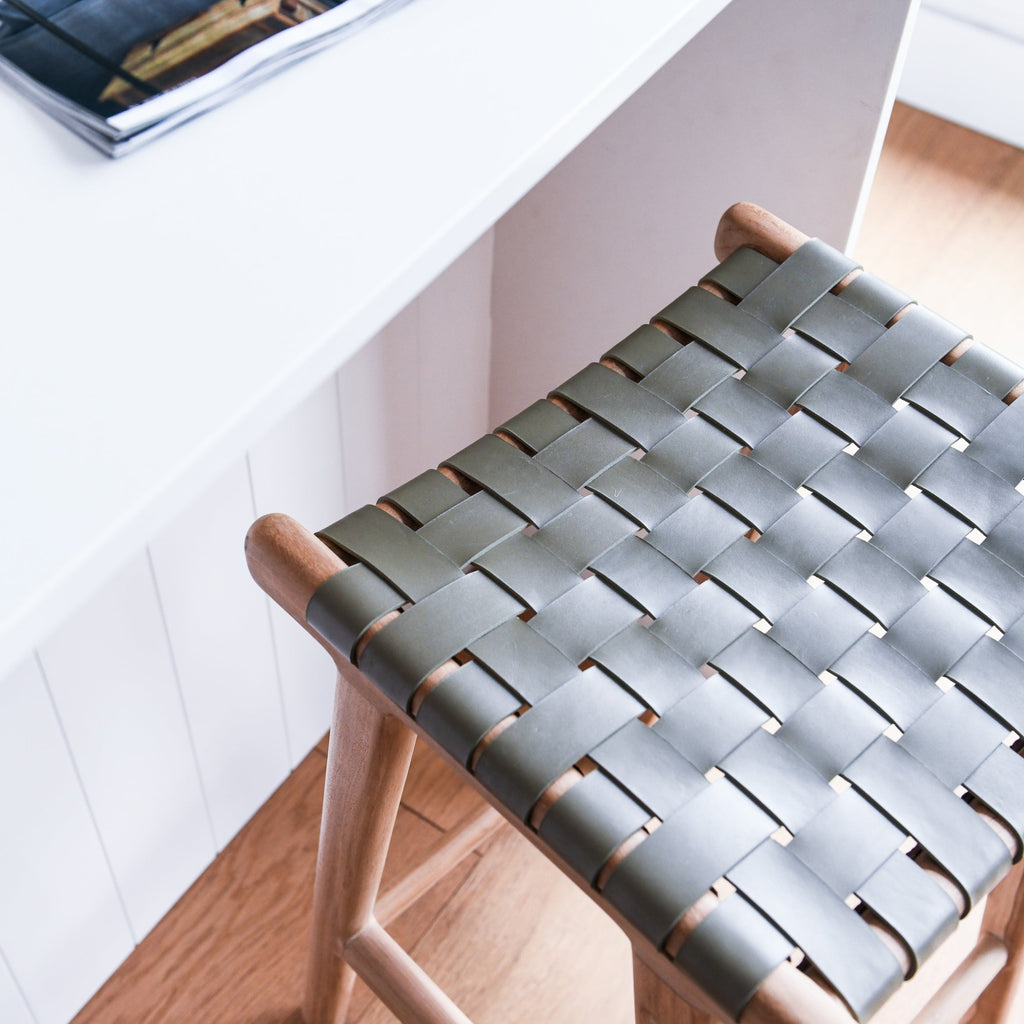 ZIGI TEAK + WOVEN LEATHER STOOL | OLIVE