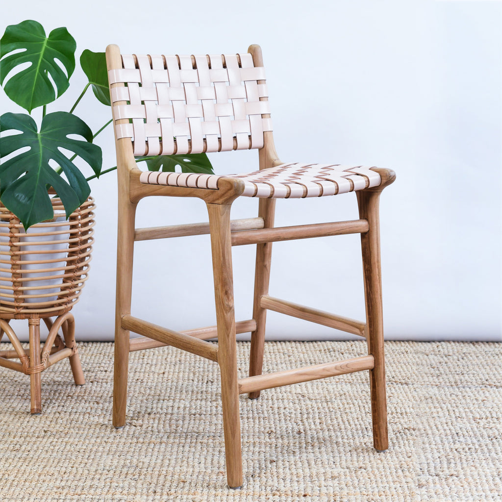 LAST TWO! ZIGI TEAK + WOVEN LEATHER STOOL WITH BACK | NATURAL