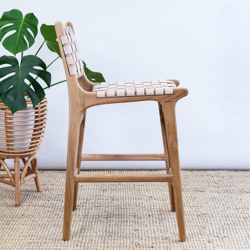 LAST TWO! ZIGI TEAK + WOVEN LEATHER STOOL WITH BACK | NATURAL