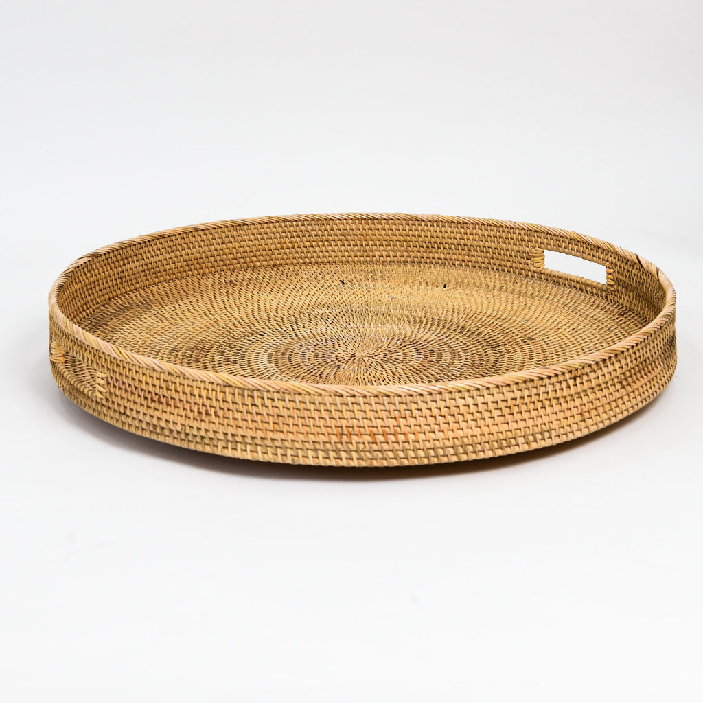 NATURAL ROUND RATTAN TRAY WITH HANDLES | 70CM