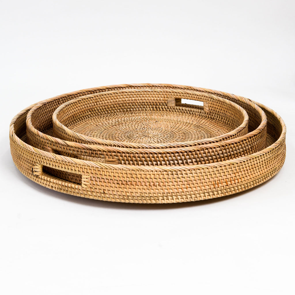 NATURAL ROUND RATTAN TRAY WITH HANDLES | 70CM
