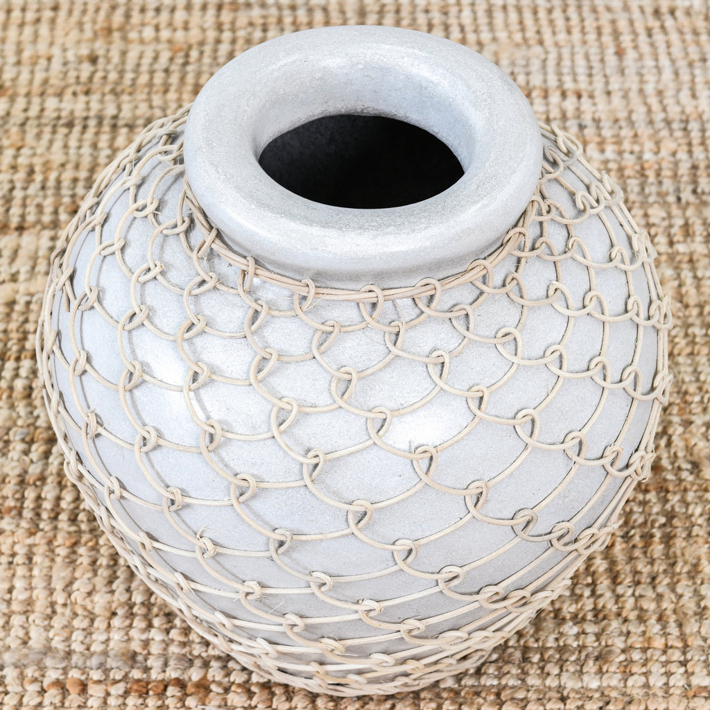 CONCRETE POT WITH RATTAN WOVEN DETAIL