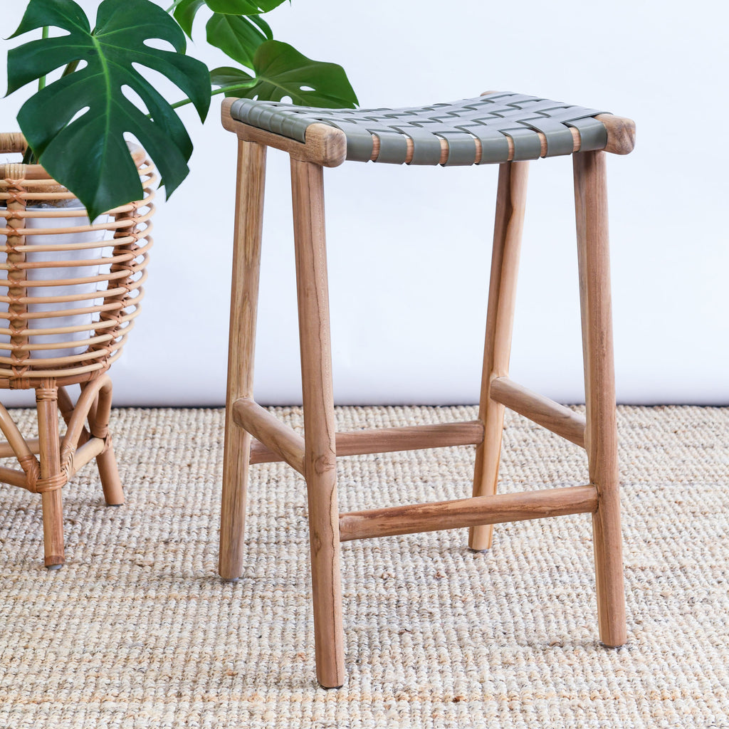 ZIGI TEAK + WOVEN LEATHER STOOL | OLIVE