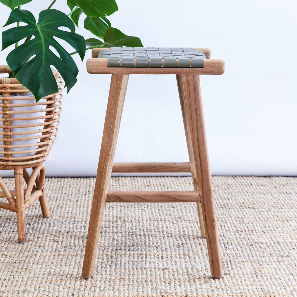 ZIGI TEAK + WOVEN LEATHER STOOL | OLIVE