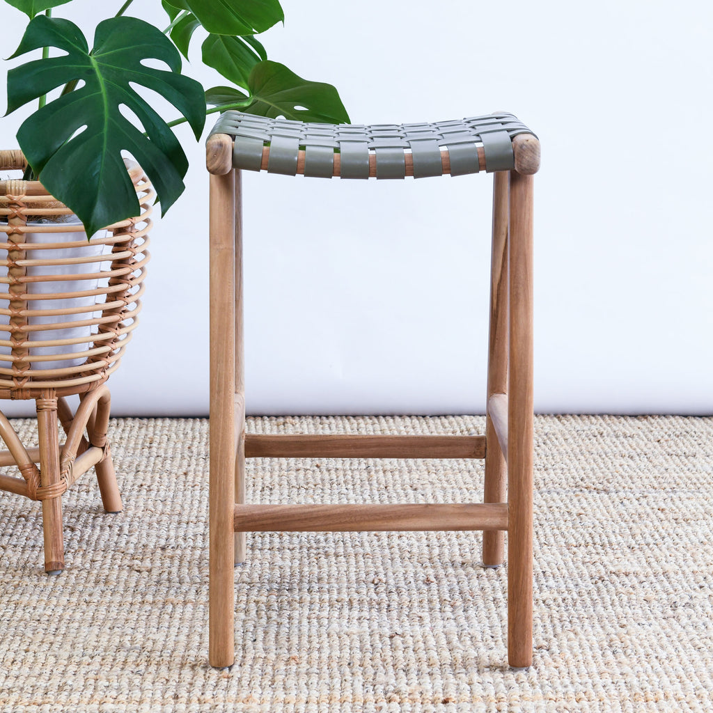 ZIGI TEAK + WOVEN LEATHER STOOL | OLIVE