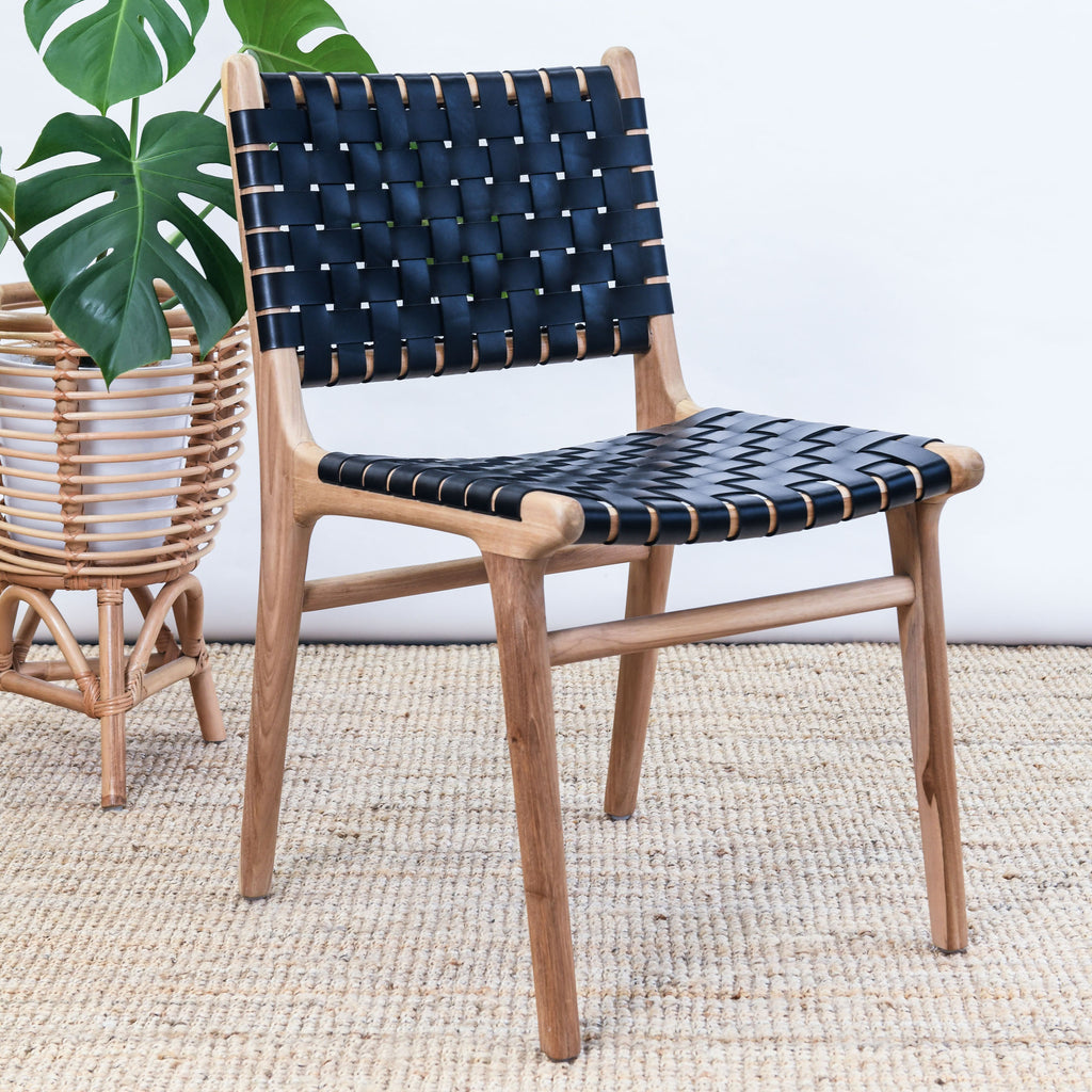 ZIGI TEAK + WOVEN LEATHER DINING CHAIR | BLACK