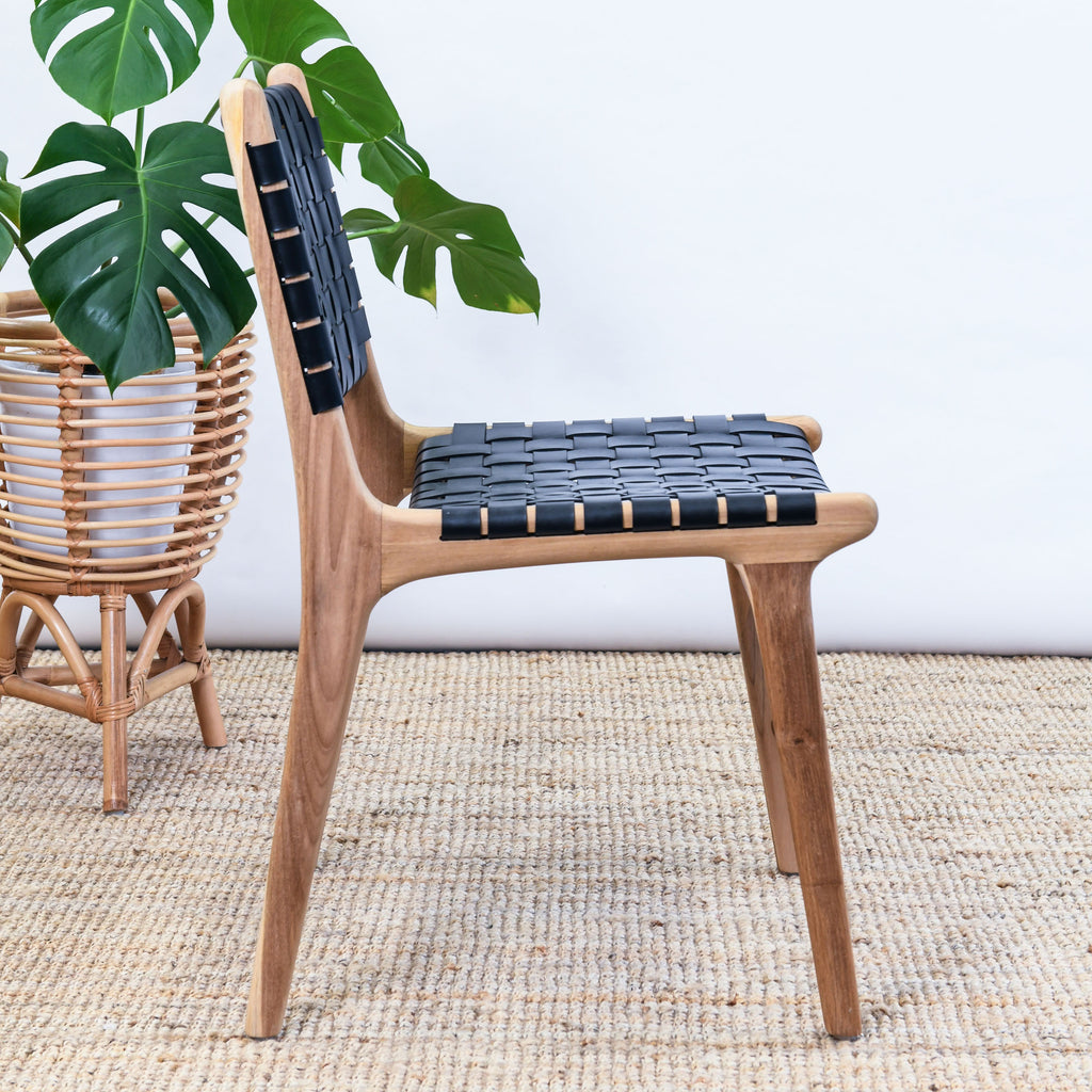 LAST ONE! ZIGI TEAK + WOVEN LEATHER DINING CHAIR | BLACK